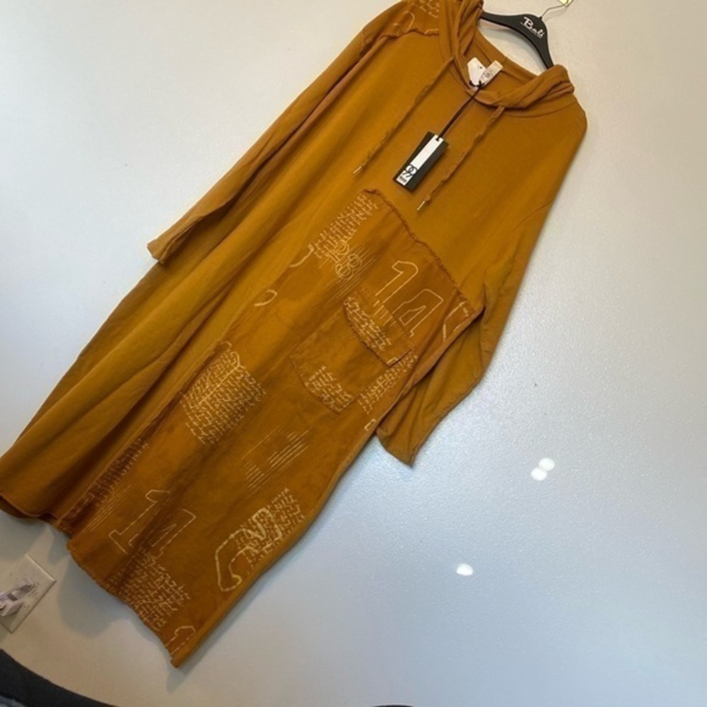 Rosa Von Vemian  long hooded oversized cotton picket distressed mustard dress